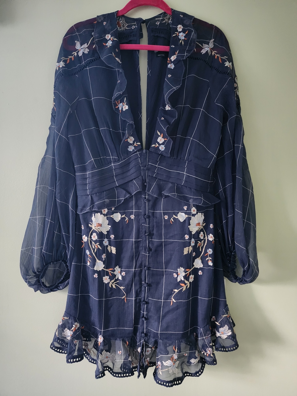 Navy Floral Embroidered V-Neck Dress